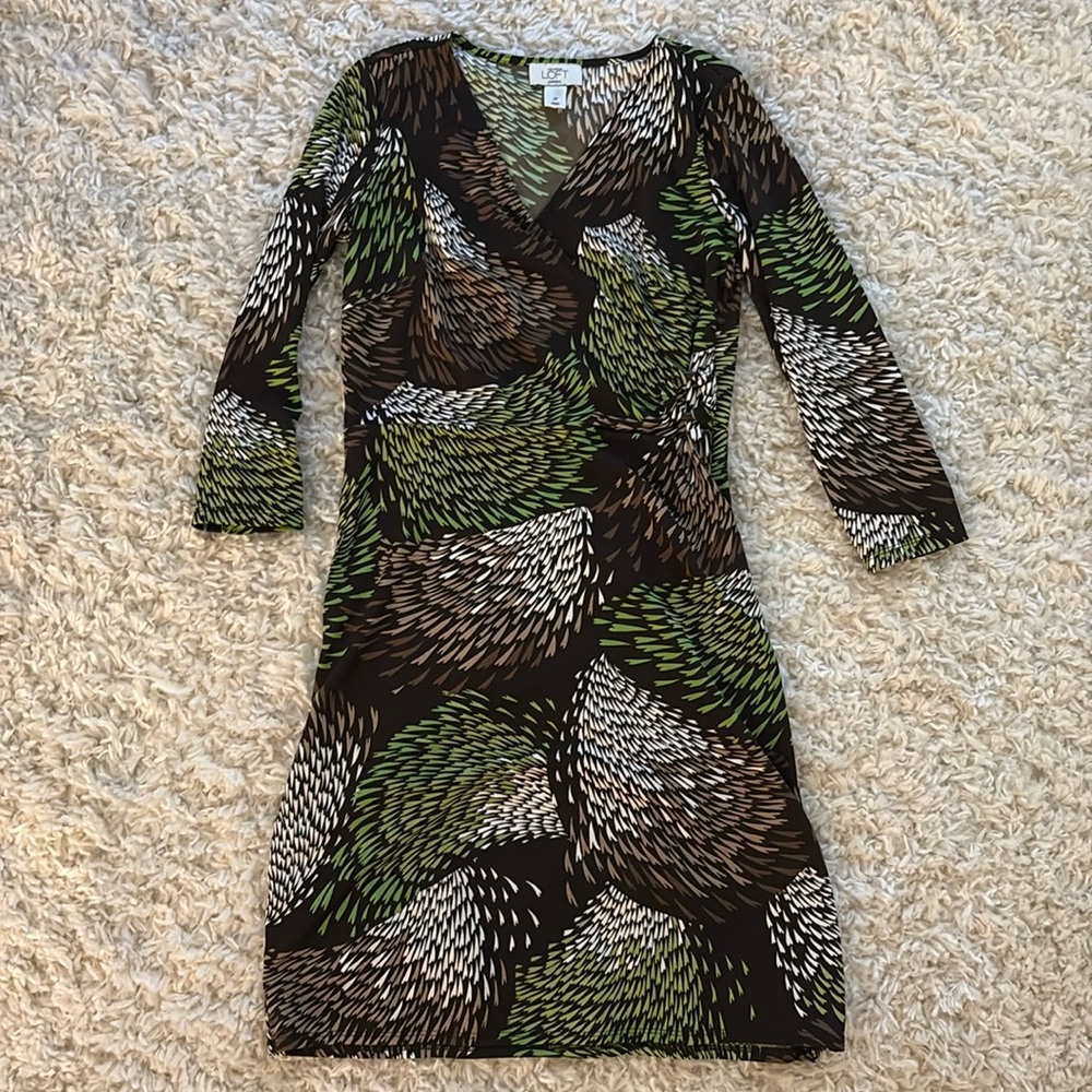 Ann Taylor Loft Petite Size 2 Long Sleeve Dress Green Brown White